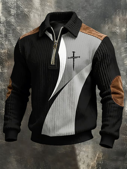 Men's vintage Faith Cross Design Print Casual Zipper Sweatshirt