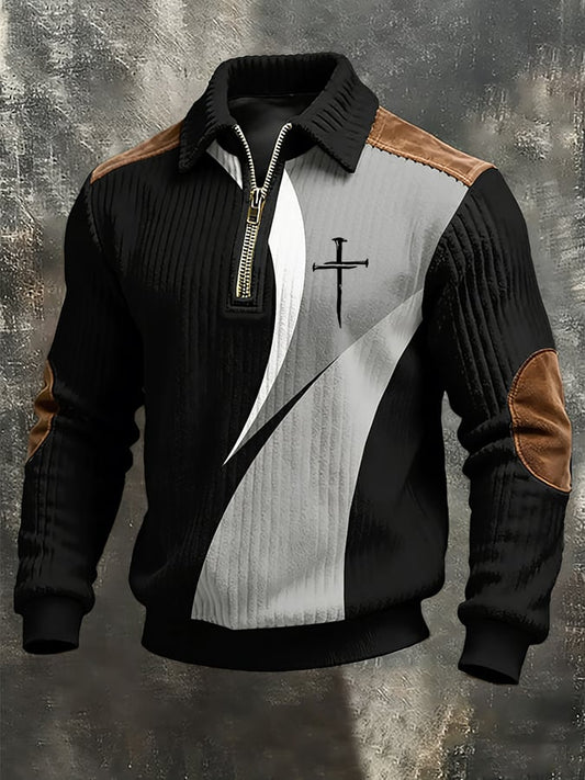 Men's vintage Faith Cross Design Print Casual Zipper Sweatshirt