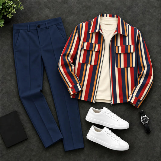 Men's Striped Print Zipper Cardigan and Pants Two-Piece Set
