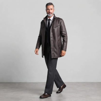 Men's Vintage Stand Collar Slim Fit Zipper Mid-Length PU Leather Jacket