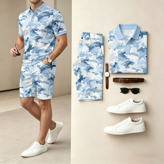 Men's Casual Gradient-Print Polo Shirt And Shorts Two-Piece Set (Does Not Include Watch, Belt, Or Accessories)