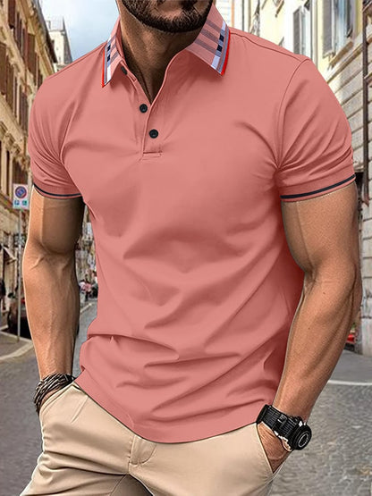 Men's Ribbed Floral Collar Solid Color Button Up Short Sleeved Polo Shirt