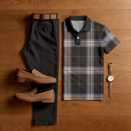 Men's Casual Dark Brown & Brown Color Matching Checkered Printed Short Sleeved Polo Shirt & Trousers Two-Piece Set