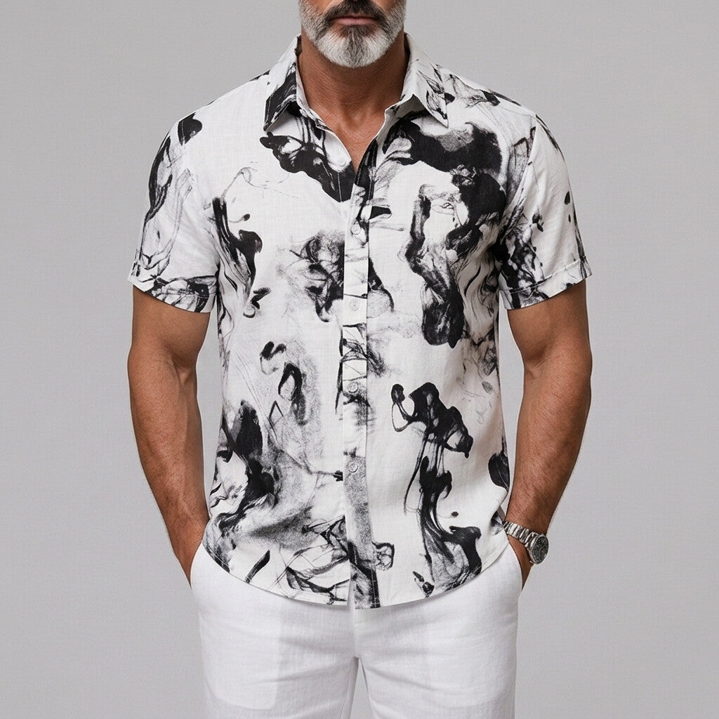 Men's Ink-wash Print Button Vacation Cuffed Edge Short Sleeve Shirt