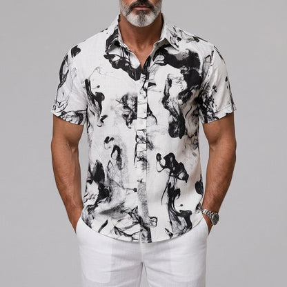 Men's Ink-wash Print Button Vacation Cuffed Edge Short Sleeve Shirt