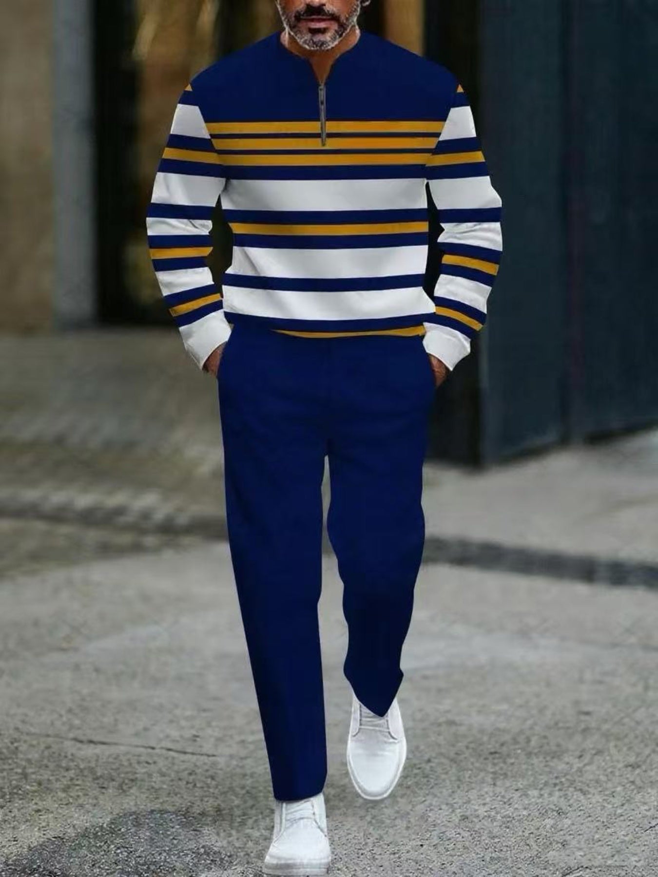 Men's Casual Color Matching Printed Round-Neck Zipper Long Sleeved Trousers Two-Piece Set