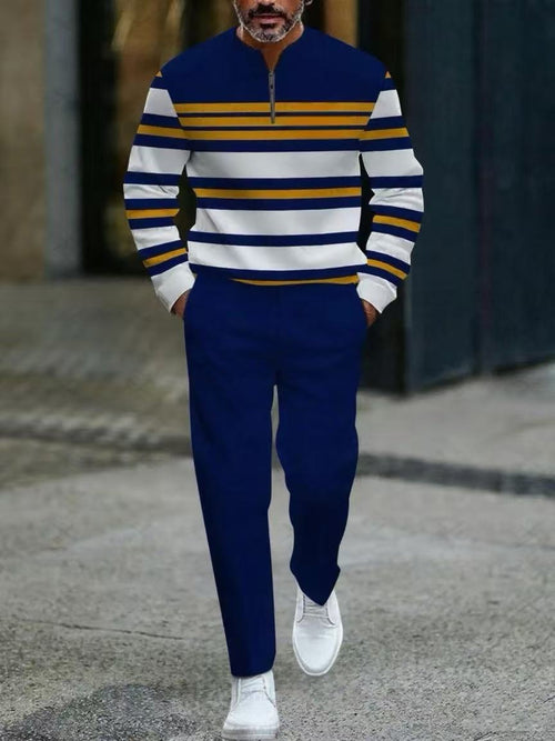 Men's Casual Color Matching Printed Round-Neck Zipper Long Sleeved Trousers Two-Piece Set