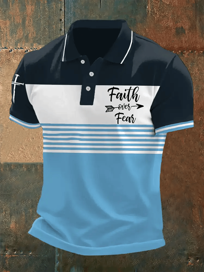Men's Retro Faith “Faith Over Fear�? Casual Printed Polo Shirt