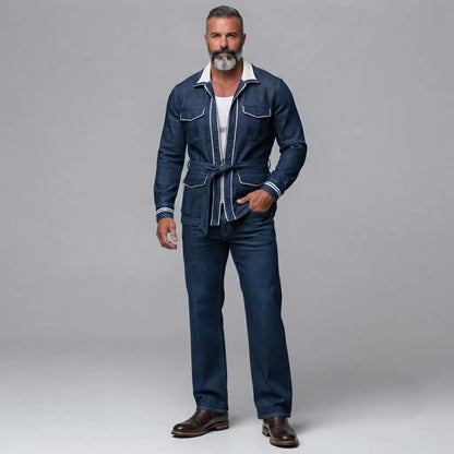 Men's Navy Blue Denim Multi-Pockets Contrast Piping Belted Zip-Up Safari Jacket