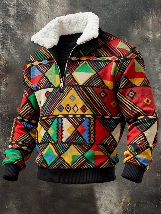 Men's Retro Color Block Print Fur Collar Sweatshirt