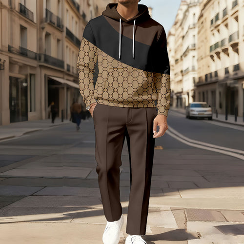 Men's Casual Color Matching Printed Long-Sleeve Hoodies Sweatshirt & Trousers Two-Piece Set