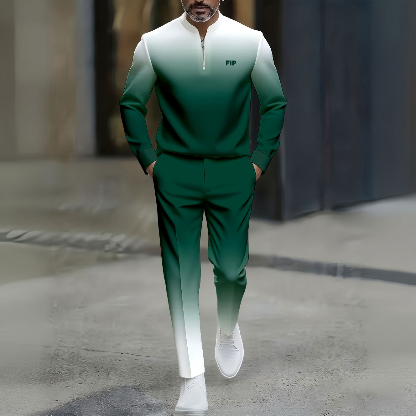 Men's Casual Green&White Gradient Color Matching Printed Round-Neck Zipper Long Sleeved Trousers Two-Piece Set