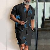Men's Leaves Tropical Plants 2pcs Shirts Sets Summer Hawaiian Shirt Short Sleeve Short Pants Cuban Collar Tropical Fashion Hawaiian Street Casual Hawaiian Print Summer Spring Black White Blue