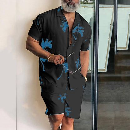 Men's Leaves Tropical Plants 2pcs Shirts Sets Summer Hawaiian Shirt Short Sleeve Short Pants Cuban Collar Tropical Fashion Hawaiian Street Casual Hawaiian Print Summer Spring Black White Blue