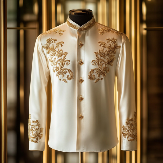 Luxurious and high-end Men's stand collar shirt floral patterns impeccable craftsmanship business leisure vacation long sleeve shirt