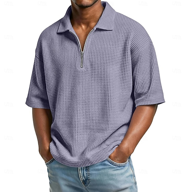 Men's Waffle Polo Shirts Zip Polo