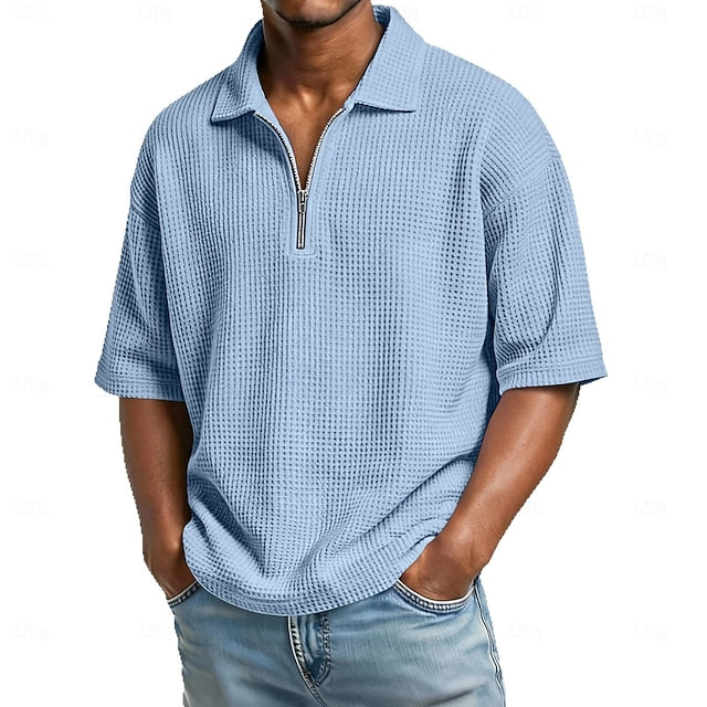 Men's Waffle Polo Shirts Zip Polo