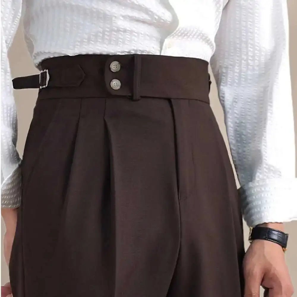 High-waist linen straight fit trousers