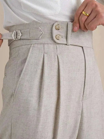 High-waist linen straight fit trousers