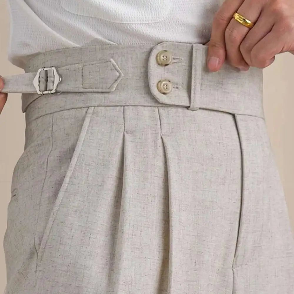 High-waist linen straight fit trousers