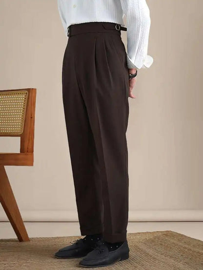 High-waist linen straight fit trousers