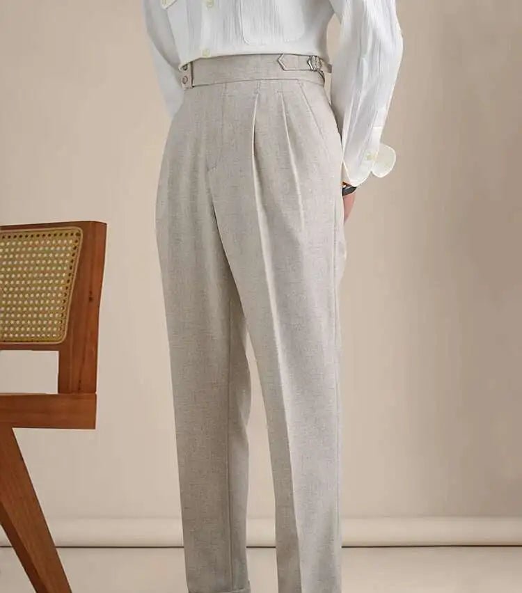 High-waist linen straight fit trousers
