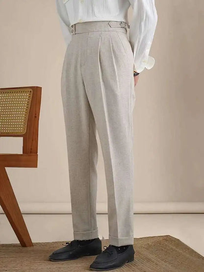 High-waist linen straight fit trousers