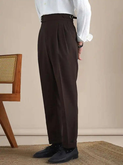 High-waist linen straight fit trousers