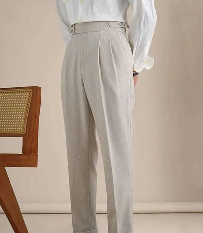 High-waist linen straight fit trousers