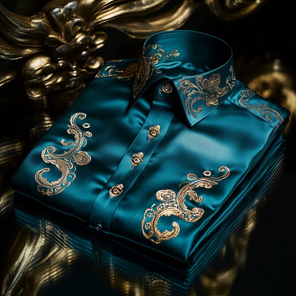 High Elasticity Soft Unique Men's Satin Luxe Print Long Sleeve Button Shirt