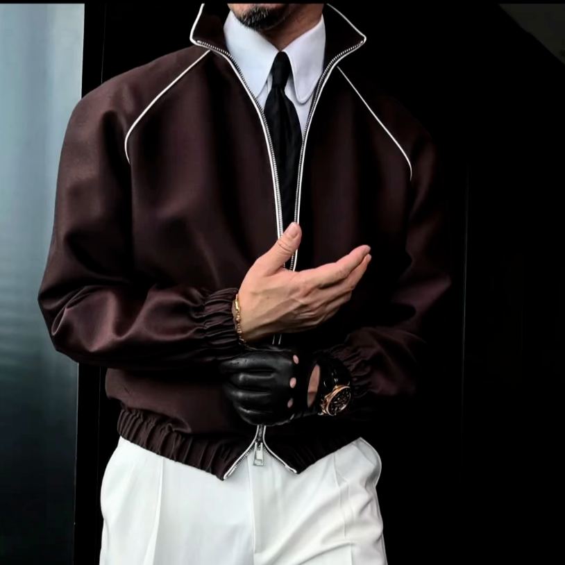 Men's Contrast Piping Zip-Up Stand Collar Jacket