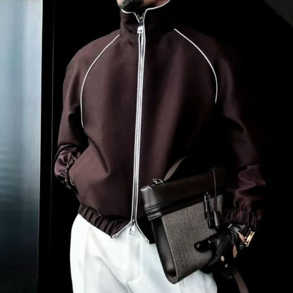 Men's Contrast Piping Zip-Up Stand Collar Jacket