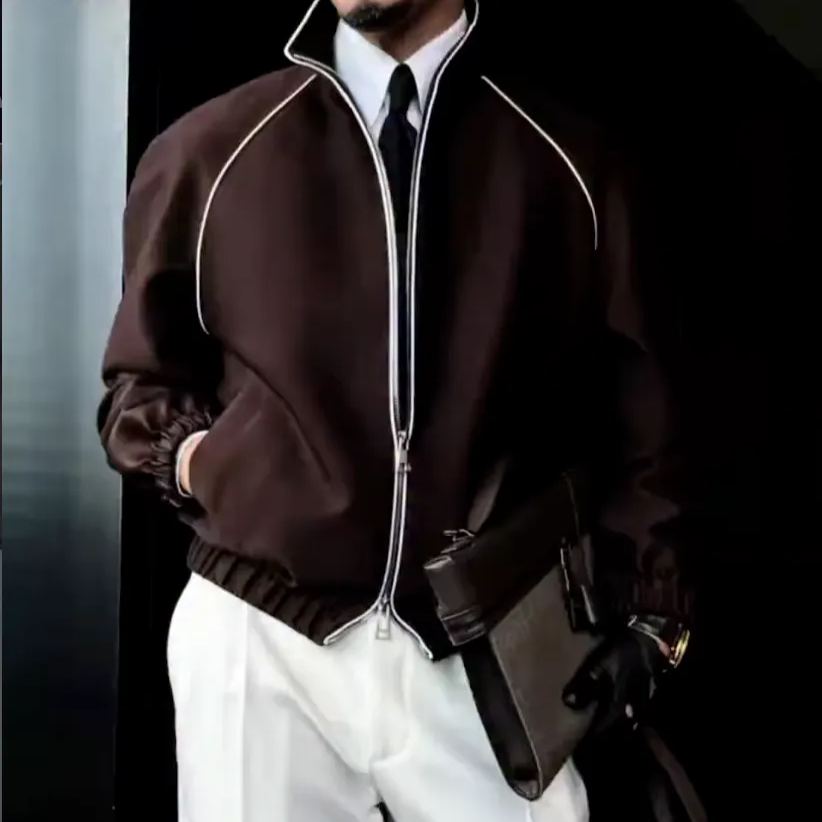 Men's Contrast Piping Zip-Up Stand Collar Jacket