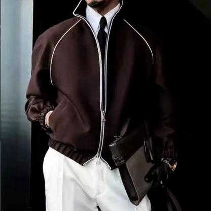 Men's Contrast Piping Zip-Up Stand Collar Jacket