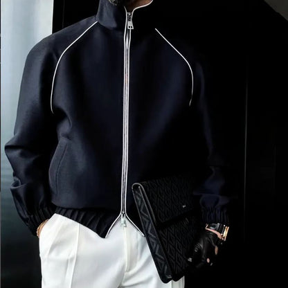 Men's Contrast Piping Zip-Up Stand Collar Jacket