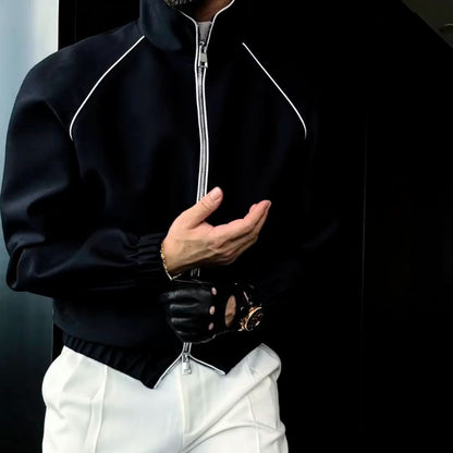 Men's Contrast Piping Zip-Up Stand Collar Jacket