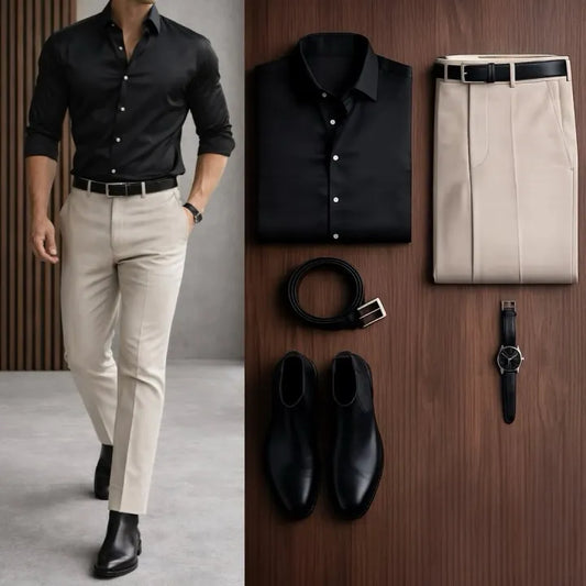 Men's Casual Black Long Sleeve Shirt & Khaki Chino Pants Two-Piece Set