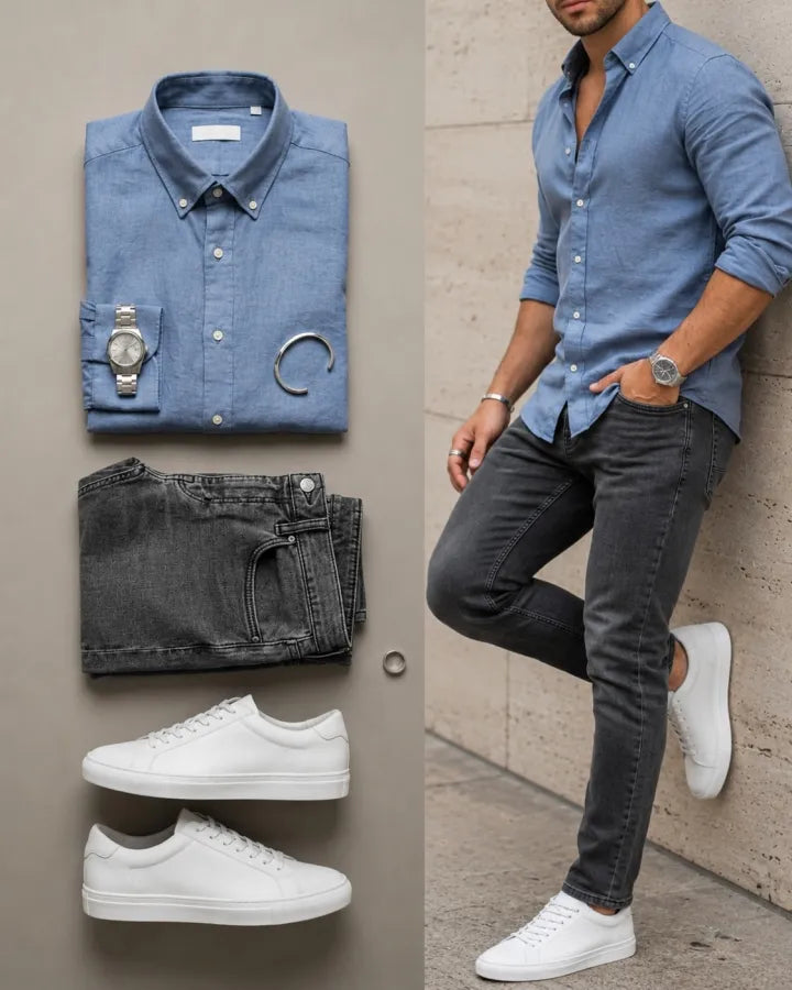 Men's Casual Light Blue Color Matching Linen Long Sleeve Shirt & Dark Grey Jeans Two-Piece Set