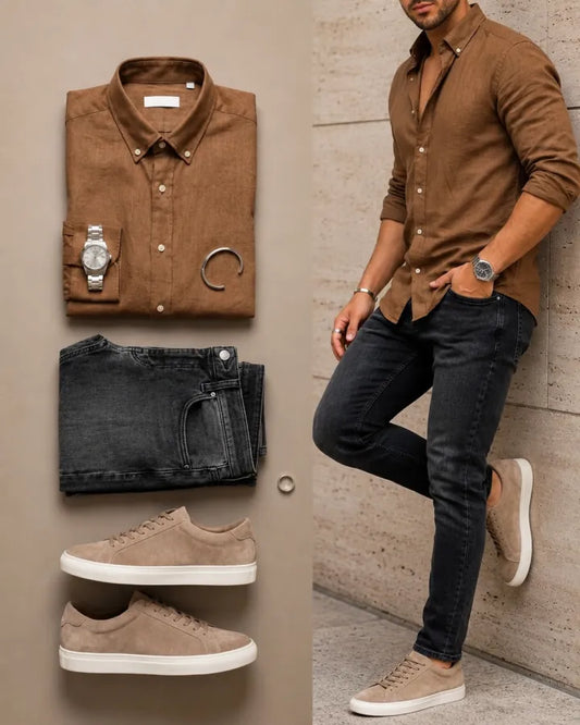Men's Casual Brown Color Matching Linen Long Sleeve Shirt & Dark Grey Jeans Two-Piece Set