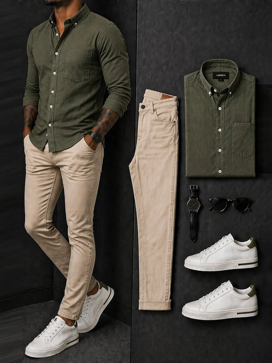 Men's Army Green & Khaki Color Matching Long-Sleeve Shirt & Trousers Two-Piece Set