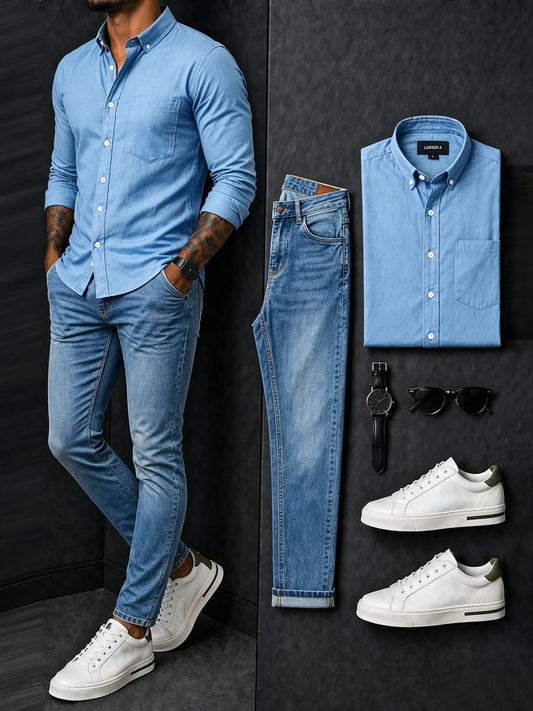 Men's Navy Blue & Denim Color Matching Long-Sleeve Shirt & Trousers Two-Piece Set