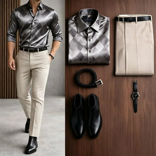 Men's Casual Gray Long Sleeve Baroque Shirt & Black Chino Pants Two-Piece Set