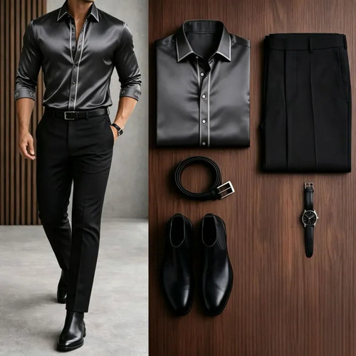 Men's Casual Dark Gray Long Sleeve Baroque Shirt & Black Chino Pants Two-Piece Set