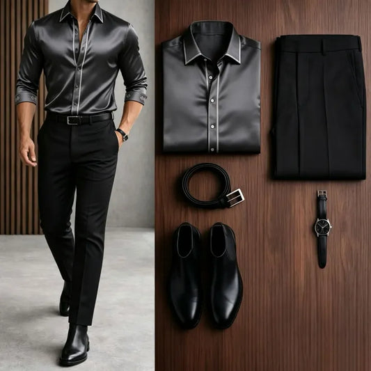 Men's Casual Dark Gray Long Sleeve Baroque Shirt & Black Chino Pants Two-Piece Set