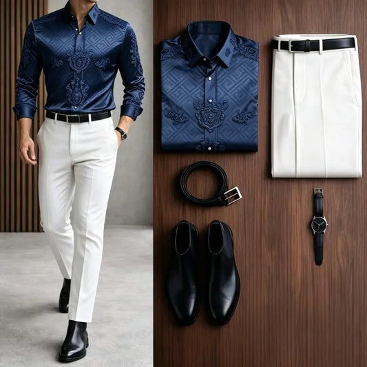 Men's Casual Navy Blue Long Sleeve Baroque Shirt & White Chino Pants Two-Piece Set
