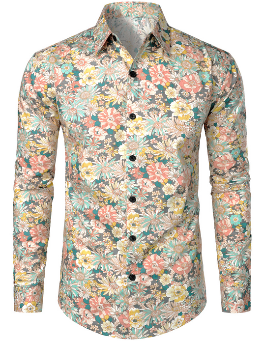 Men's Grey Cotton Floral Print Long Sleeve Shirt