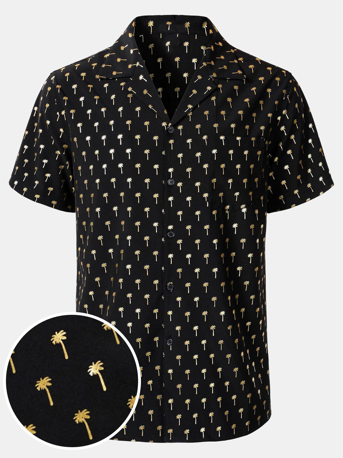 Men's Golden Palm Tree Cuban Collar Short Sleeve Shirt