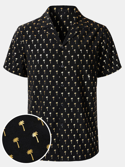 Men's Golden Palm Tree Cuban Collar Short Sleeve Shirt