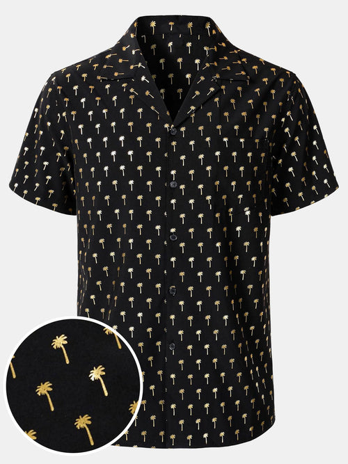 Men's Golden Palm Tree Cuban Collar Short Sleeve Shirt