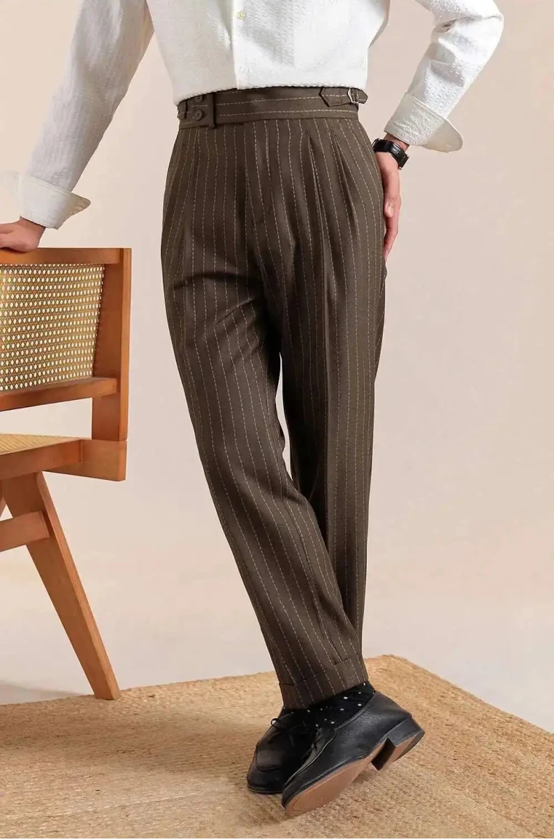 Italian style double pleated striped trousers